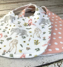 Load image into Gallery viewer, Baby Shower Gift Bib Set / Set of 2 Bibs / Baby Girl Bib Set / Coral Dot Woodland Animals / Nature Vibes Collection