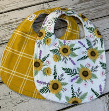 Load image into Gallery viewer, Baby Shower Gift Bib Set / Set of 2 Bibs / Baby Girl Bib Set / Sunflower Floral Plaid