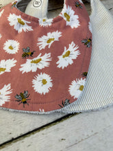 Load image into Gallery viewer, Baby Shower Gift Bib Set / Set of 2 Bibs / Baby Girl Bib Set / Bee Daisy Tan Stripe
