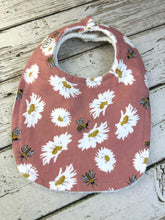 Load image into Gallery viewer, Baby Shower Gift Bib Set / Set of 2 Bibs / Baby Girl Bib Set / Bee Daisy Tan Stripe