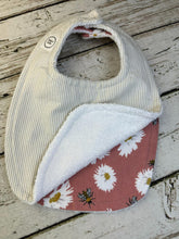 Load image into Gallery viewer, Baby Shower Gift Bib Set / Set of 2 Bibs / Baby Girl Bib Set / Bee Daisy Tan Stripe