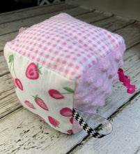 Load image into Gallery viewer, Unique Baby Gift / Fabric Sensory Baby Block / Pink Black Strawberries / Baby Toy / Rattle / Crinkle Toy