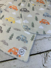 Load image into Gallery viewer, Baby Shower Gift Set / Burp Cloth Bib Set / Baby Boy Gift / Cars Trees