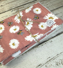 Load image into Gallery viewer, Baby Shower Gift Set / Baby Girl Burp Cloth Set / Boho Baby Nursery / Rose Floral Bee Burp Cloth