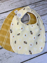 Load image into Gallery viewer, Baby Shower Gift Bib Set / Set of 2 Bibs / Baby Girl Bib Set / Yellow Bumble Bee Plaid