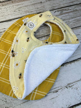 Load image into Gallery viewer, Baby Shower Gift Bib Set / Set of 2 Bibs / Baby Girl Bib Set / Yellow Bumble Bee Plaid