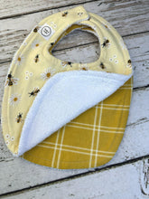 Load image into Gallery viewer, Baby Shower Gift Bib Set / Set of 2 Bibs / Baby Girl Bib Set / Yellow Bumble Bee Plaid