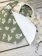 Load image into Gallery viewer, Baby Shower Gift Bib Set / Set of 2 Bibs / Baby Girl Bib Set / Butterfly Bee Sage Floral