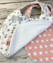 Load image into Gallery viewer, Baby Shower Gift Bib Set / Set of 2 Bibs / Baby Girl Bib Set / Coral Dot Woodland Animals / Nature Vibes Collection