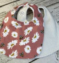 Load image into Gallery viewer, Baby Shower Gift Bib Set / Set of 2 Bibs / Baby Girl Bib Set / Bee Daisy Tan Stripe