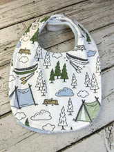 Load image into Gallery viewer, Baby Shower Gift Bib Set / Set of 2 Bibs / Baby Boy Gift / Camping Blue Dot Bib