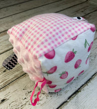 Load image into Gallery viewer, Unique Baby Gift / Fabric Sensory Baby Block / Pink Black Strawberries / Baby Toy / Rattle / Crinkle Toy