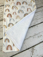 Load image into Gallery viewer, Baby Shower Gift Set / Burp Cloth Bib Set / Baby Girl Gift / Boho Rainbow Gift Set