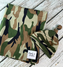 Load image into Gallery viewer, Baby Boy Swaddle Blanket Hat Set / Camouflage Swaddle Blanket Hat / Stretchy Knit Baby Blanket Hat / Baby Shower Gift / Newborn Photo Set