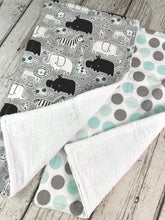 Load image into Gallery viewer, Baby Shower Gift Set / Baby Boy Burp Cloth Set / Zoo Animal Burp Cloth / Mint Green Gray Burp Cloth