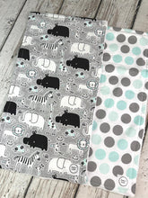 Load image into Gallery viewer, Baby Shower Gift Set / Baby Boy Burp Cloth Set / Zoo Animal Burp Cloth / Mint Green Gray Burp Cloth