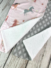 Load image into Gallery viewer, Baby Shower Gift Set / Baby Girl Burp Cloth Set / Horse Baby Burp Cloth / Pink Gray Burp Cloth / Equestrian baby