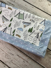 Load image into Gallery viewer, Camping minky baby blanket / blue dot minky baby blanket / baby shower gift / outdoor Minky Blanket