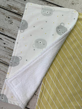 Load image into Gallery viewer, Baby Shower Gift Set / Neutral Boy or Girl Burp Cloth Set / yellow gray bears Burp Cloth / yellow stripe Burp Cloth