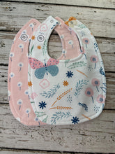 Load image into Gallery viewer, Baby Shower Gift Bib Set / Set of 2 Bibs / Baby Girl Bib Set / Pink Blue Floral Burp Cloth / Butterfly burp cloth / Floral Whimsy Collection