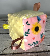 Load image into Gallery viewer, Baby Girl Fabric Sensory Baby Block Boho Sunflower / Baby Girl Gift / Boho Baby / Baby Toy / Rattle / Crinkle Toy