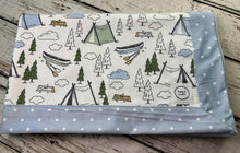 Load image into Gallery viewer, Camping minky baby blanket / blue dot minky baby blanket / baby shower gift / outdoor Minky Blanket