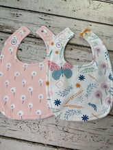 Load image into Gallery viewer, Baby Shower Gift Bib Set / Set of 2 Bibs / Baby Girl Bib Set / Pink Blue Floral Burp Cloth / Butterfly burp cloth / Floral Whimsy Collection