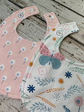 Load image into Gallery viewer, Baby Shower Gift Bib Set / Set of 2 Bibs / Baby Girl Bib Set / Pink Blue Floral Burp Cloth / Butterfly burp cloth / Floral Whimsy Collection