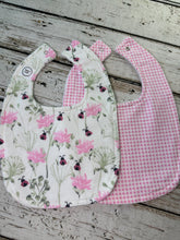 Load image into Gallery viewer, Baby Shower Gift Bib Set / Set of 2 Bibs / Baby Girl Bib Set / Ladybug pink gingham Bib