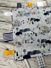 Load image into Gallery viewer, Baby Boy Tag Blanket Blue Gray Adventure / Boy Taggie / Baby Shower Gift / Sensory Blanket