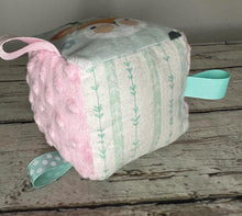 Load image into Gallery viewer, Fabric Sensory Baby Girl Block Woodland Animals / pink mint green / Baby Toy / Rattle / Crinkle Toy