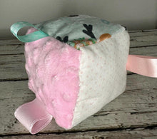 Load image into Gallery viewer, Fabric Sensory Baby Girl Block Woodland Animals / pink mint green / Baby Toy / Rattle / Crinkle Toy