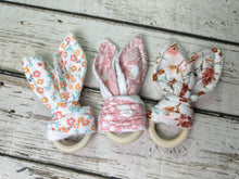 Load image into Gallery viewer, Baby Girl Teether Rattle / Wood Teether Ring Pink Floral / Baby Teething Ring / Bunny Ears Teether / Baby Rattle Toy / Baby Gift
