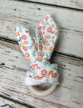 Load image into Gallery viewer, Baby Girl Teether Rattle / Wood Teether Ring Pink Floral / Baby Teething Ring / Bunny Ears Teether / Baby Rattle Toy / Baby Gift