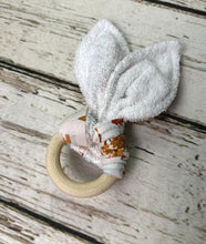 Load image into Gallery viewer, Baby Girl Teether Rattle / Wood Teether Ring Pink Floral / Baby Teething Ring / Bunny Ears Teether / Baby Rattle Toy / Baby Gift