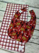 Load image into Gallery viewer, Baby Boy Bib Burp Cloth Set / Camping Outdoors Red Plaid / Baby Shower Gift Set