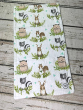Load image into Gallery viewer, Neutral Baby Burp Cloth Set / Baby Shower Gift Set / Woodland Animal Burp Cloth / Mint Green Plaid
