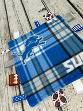 Load image into Gallery viewer, Detroit Lions Plaid Baby Boy Minky Tag Blanket / Baby Shower Gift / Lovey / Baby Toy / Snuggle Blanket / sensory blanket