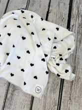Load image into Gallery viewer, Black White Hearts Baby Swaddle Blanket & Hat Set, Newborn Gift