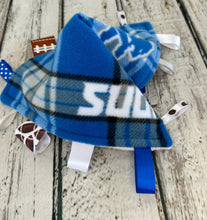 Load image into Gallery viewer, Detroit Lions Plaid Baby Boy Minky Tag Blanket / Baby Shower Gift / Lovey / Baby Toy / Snuggle Blanket / sensory blanket