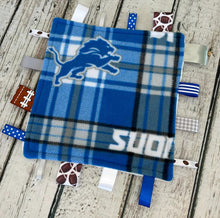 Load image into Gallery viewer, Detroit Lions Plaid Baby Boy Minky Tag Blanket / Baby Shower Gift / Lovey / Baby Toy / Snuggle Blanket / sensory blanket