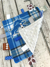 Load image into Gallery viewer, Detroit Lions Plaid Baby Boy Minky Tag Blanket / Baby Shower Gift / Lovey / Baby Toy / Snuggle Blanket / sensory blanket