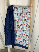 Load image into Gallery viewer, blue and blush pink rainbow baby minky blanket