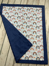 Load image into Gallery viewer, blue and blush pink rainbow baby minky blanket