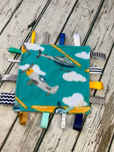 Load image into Gallery viewer, Baby boy airplane helicopter minky tag blanket - lovey - baby boy shower gift - baby toy - snuggle blanket
