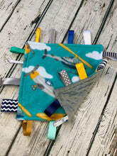 Load image into Gallery viewer, Baby boy airplane helicopter minky tag blanket - lovey - baby boy shower gift - baby toy - snuggle blanket

