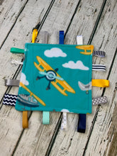 Load image into Gallery viewer, Baby boy airplane helicopter minky tag blanket - lovey - baby boy shower gift - baby toy - snuggle blanket
