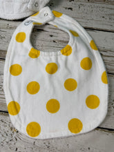 Load image into Gallery viewer, White bib with large yellow polka dots
