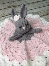 Load image into Gallery viewer, Crochet Bunny Lovey Blanket Baby or Toddler / Girl Lovey / Pink White Gray
