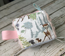 Load image into Gallery viewer, Sensory baby block made with Bambi print fabrics in blue and pink
